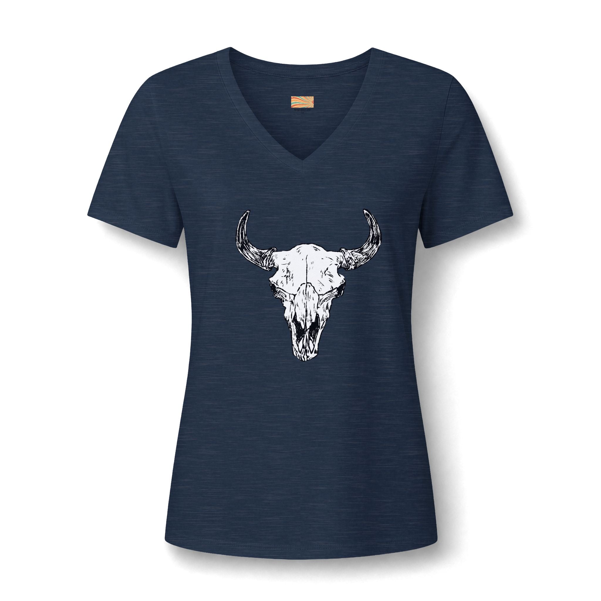 Women's V‑Neck Skull Tee — Western Cow Skull Graphic