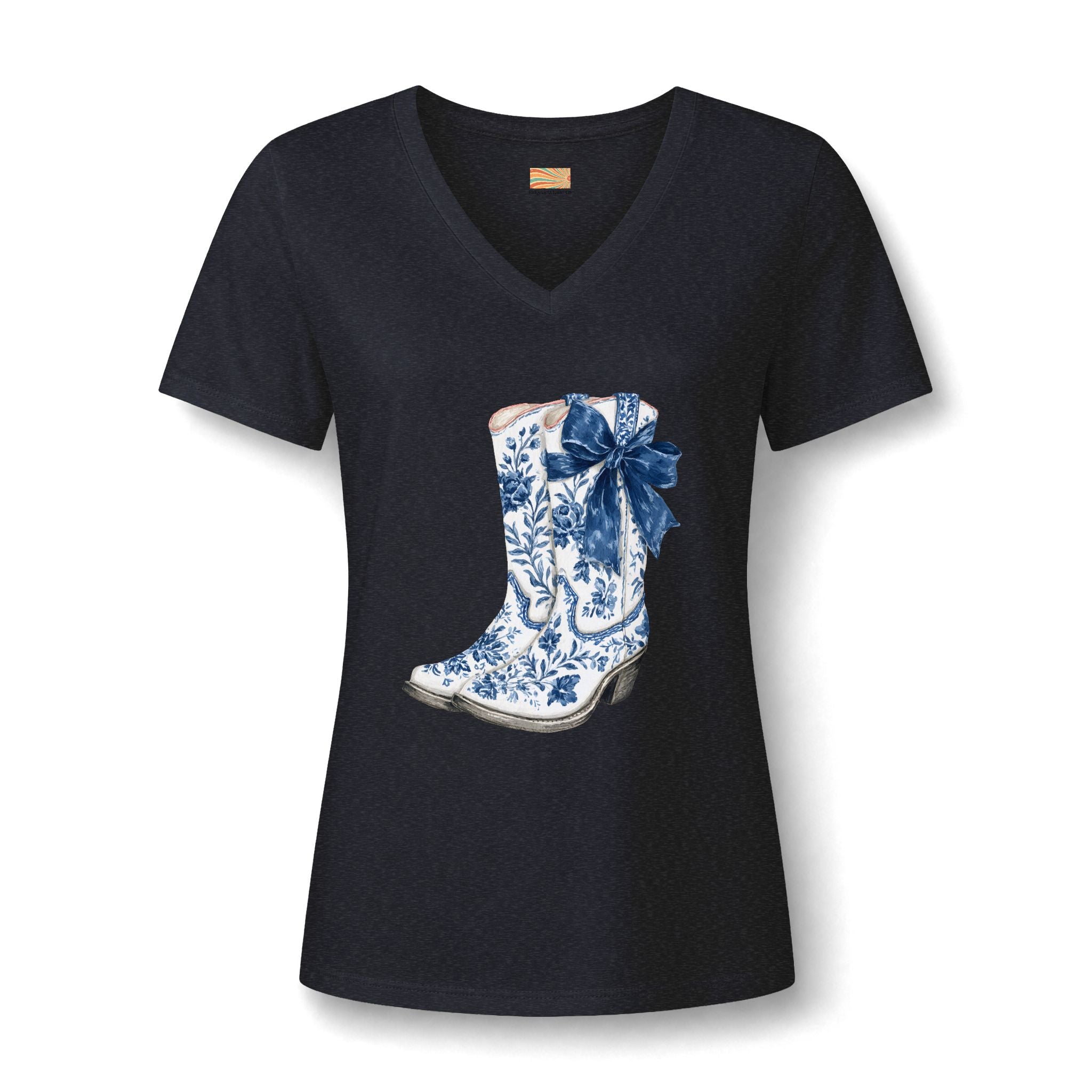 Cowgirl Boot Tee — Blue Floral Cowboy Boot with Bow V-Neck