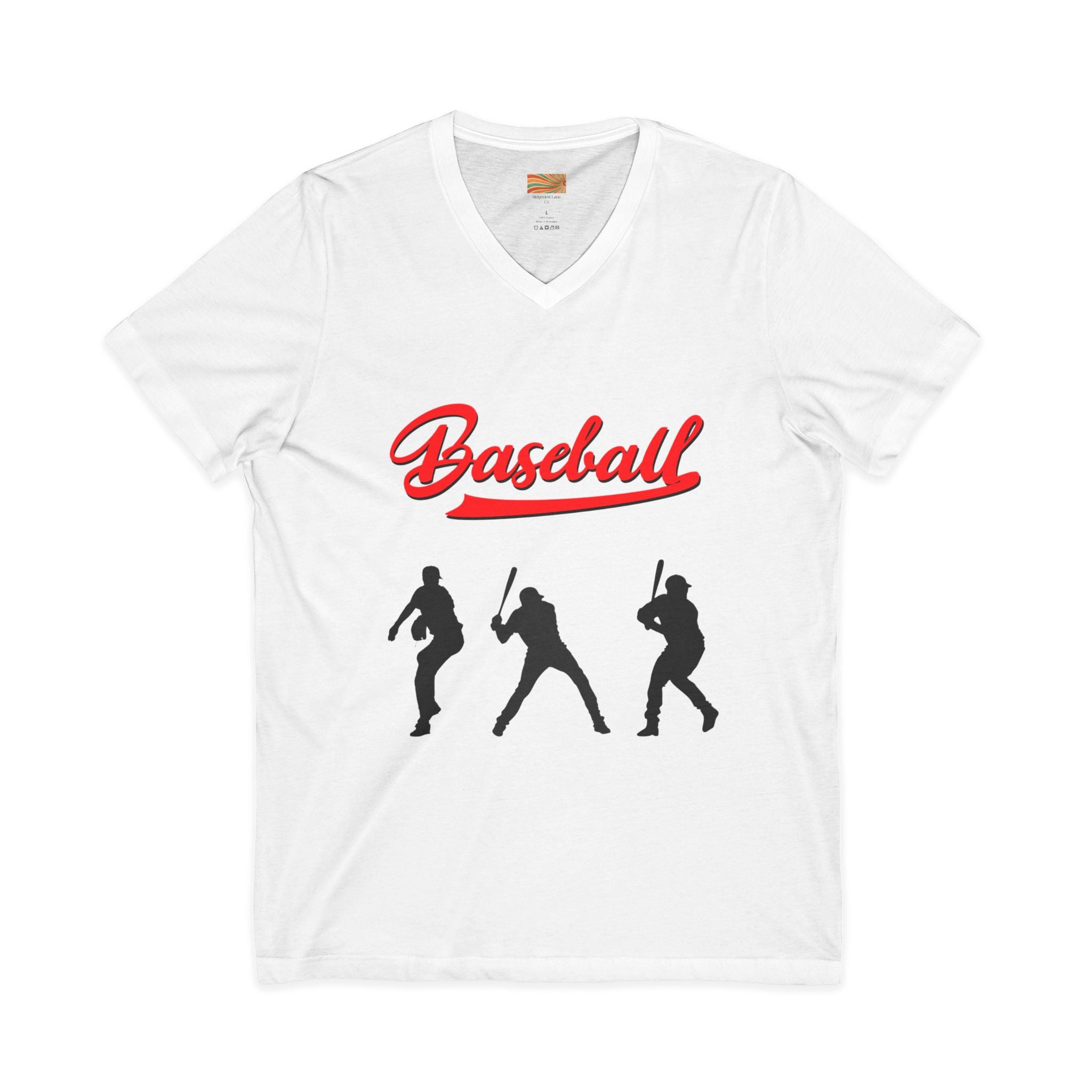 Baseball Silhouette V-Neck Tee — Vintage Script Baseball Players Shirt