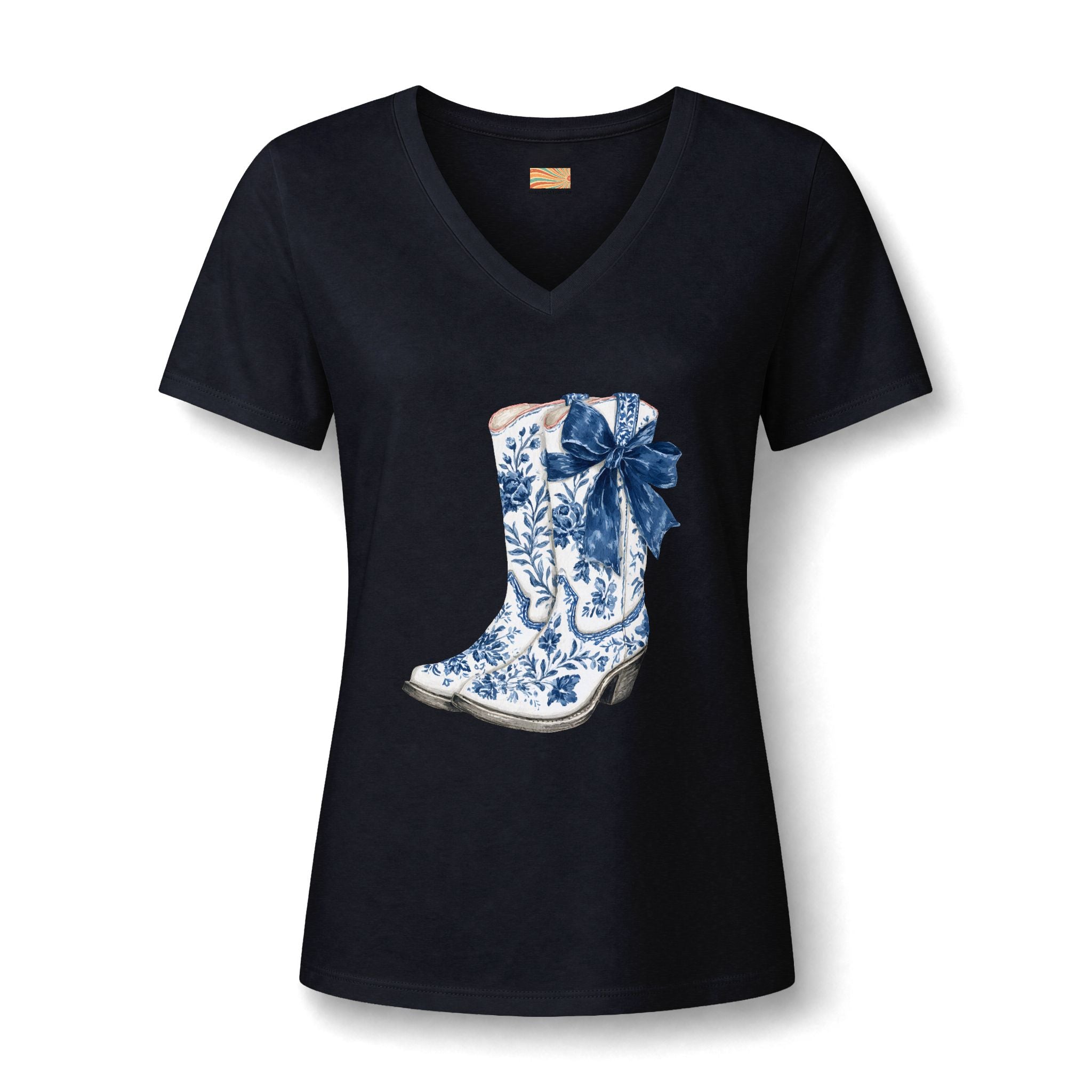 Cowgirl Boot Tee — Blue Floral Cowboy Boot with Bow V-Neck