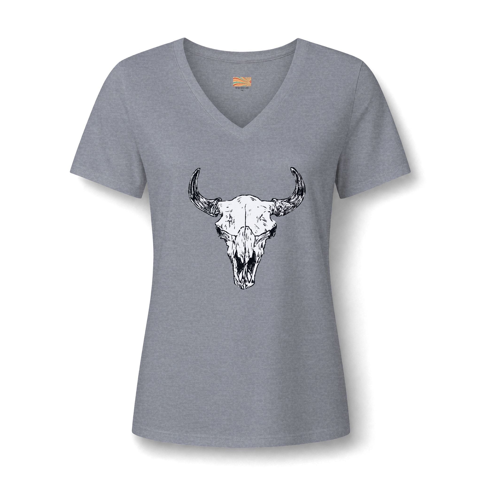 Women's V‑Neck Skull Tee — Western Cow Skull Graphic