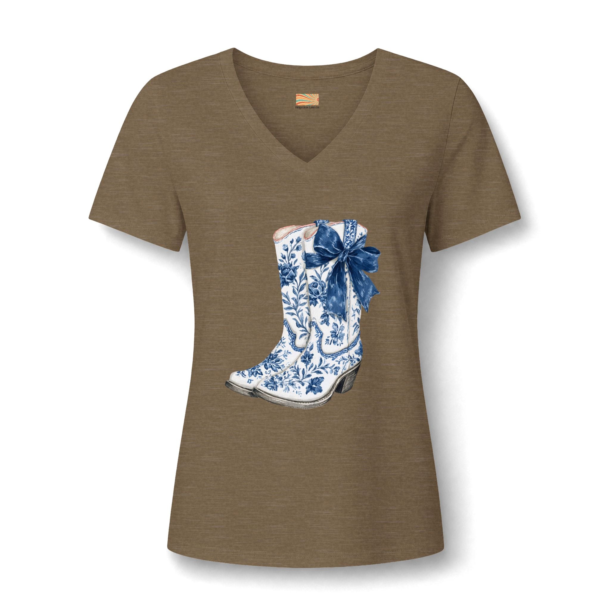 Cowgirl Boot Tee — Blue Floral Cowboy Boot with Bow V-Neck