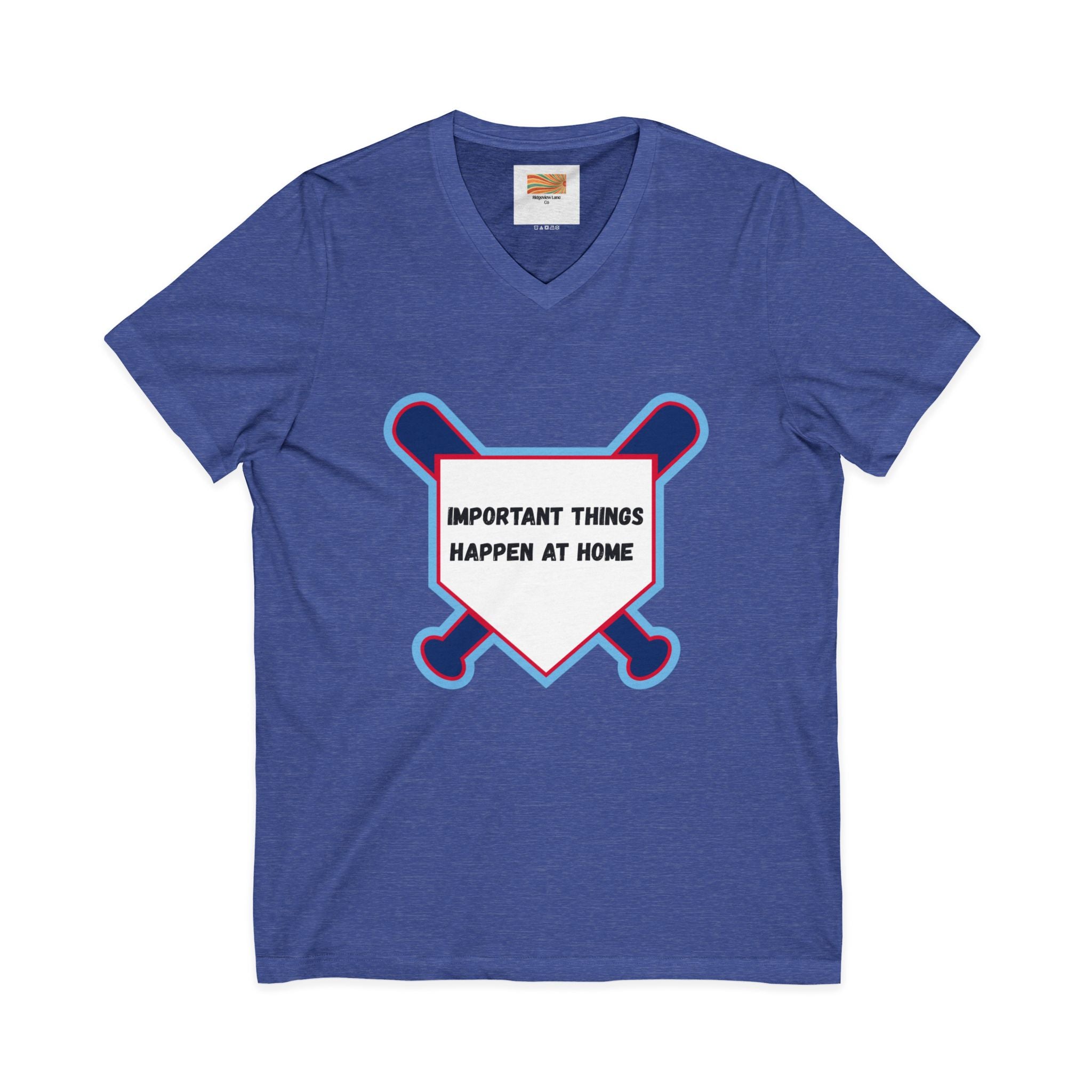 Baseball Home Plate Tee — "Important Things Happen at Home" V‑Neck