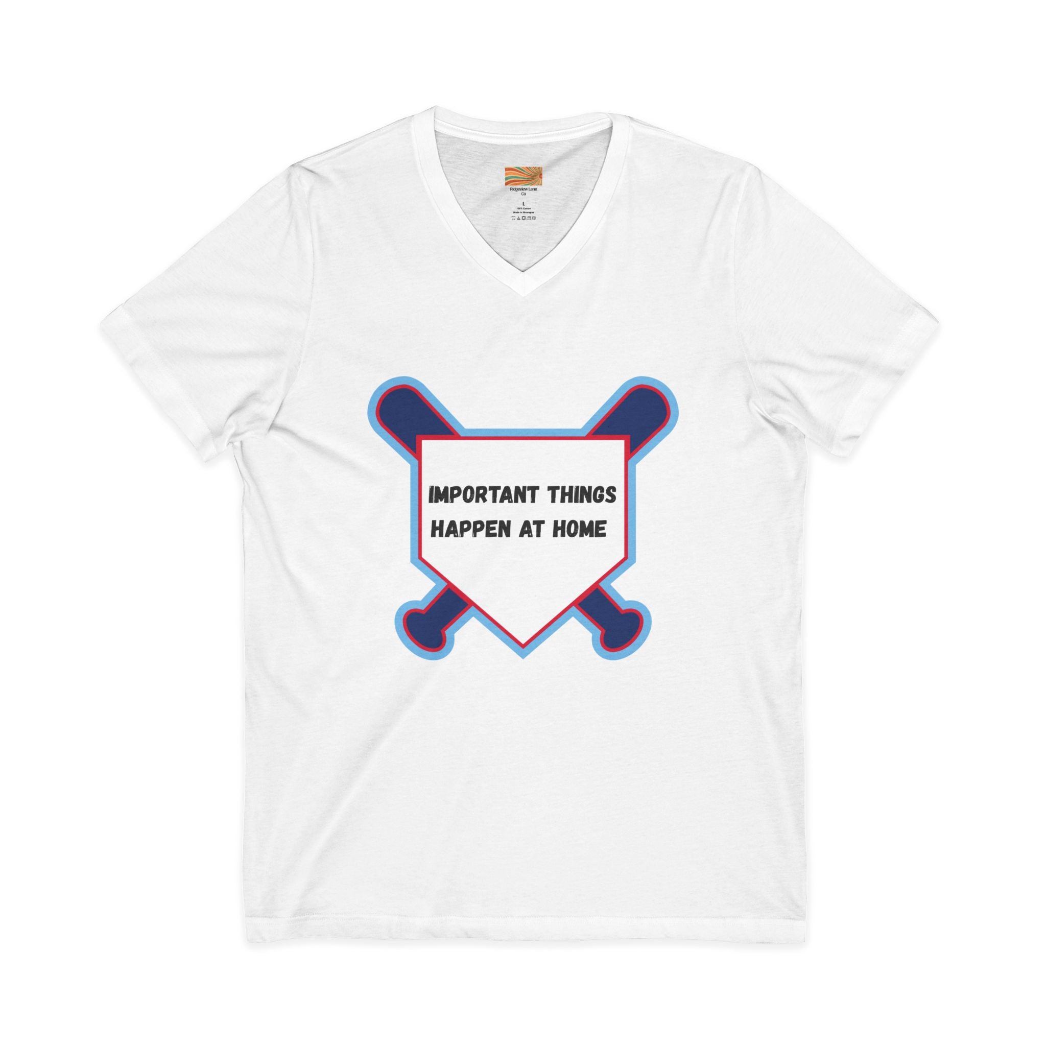 Baseball Home Plate Tee — "Important Things Happen at Home" V‑Neck