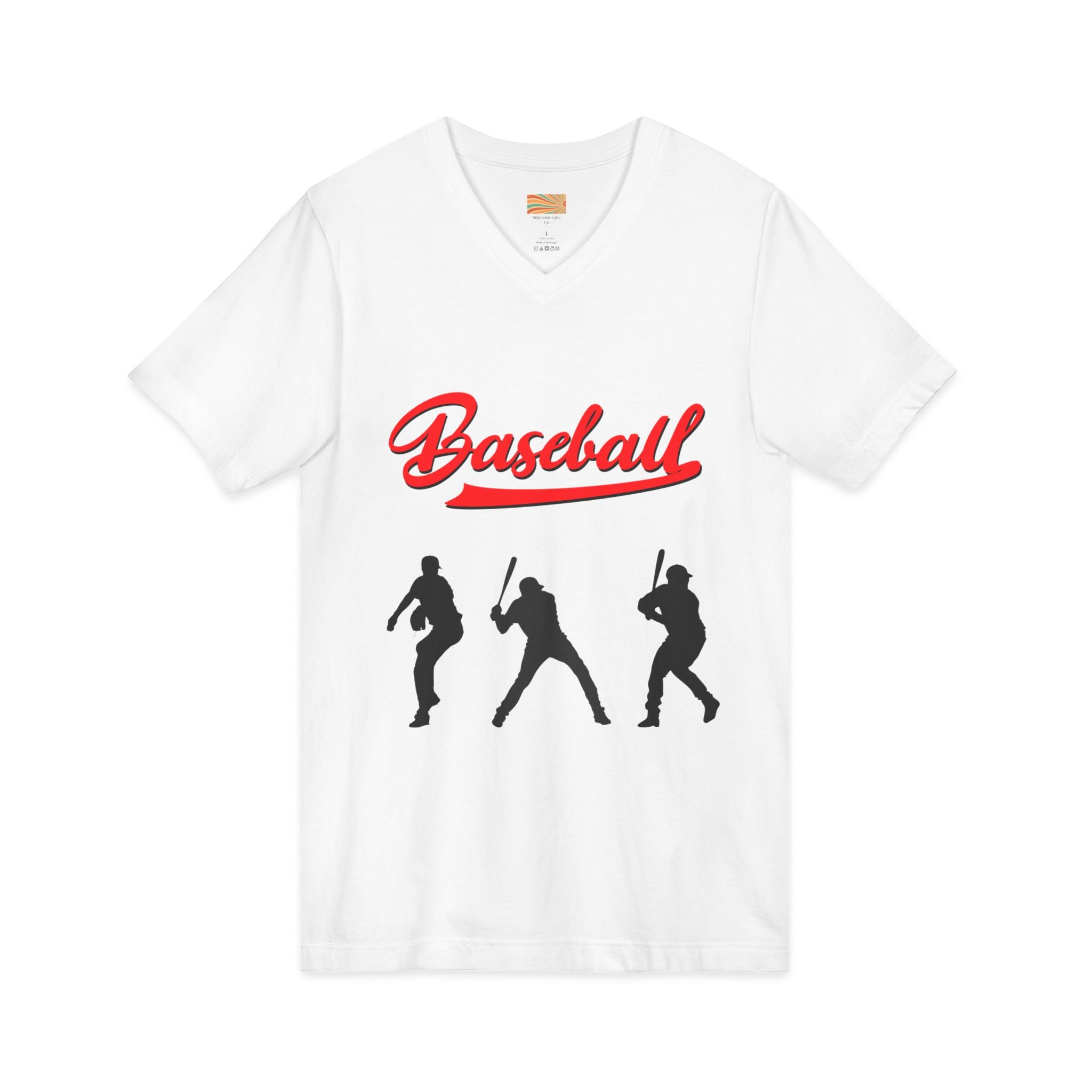 Baseball Silhouette V-Neck Tee — Vintage Script Baseball Players Shirt
