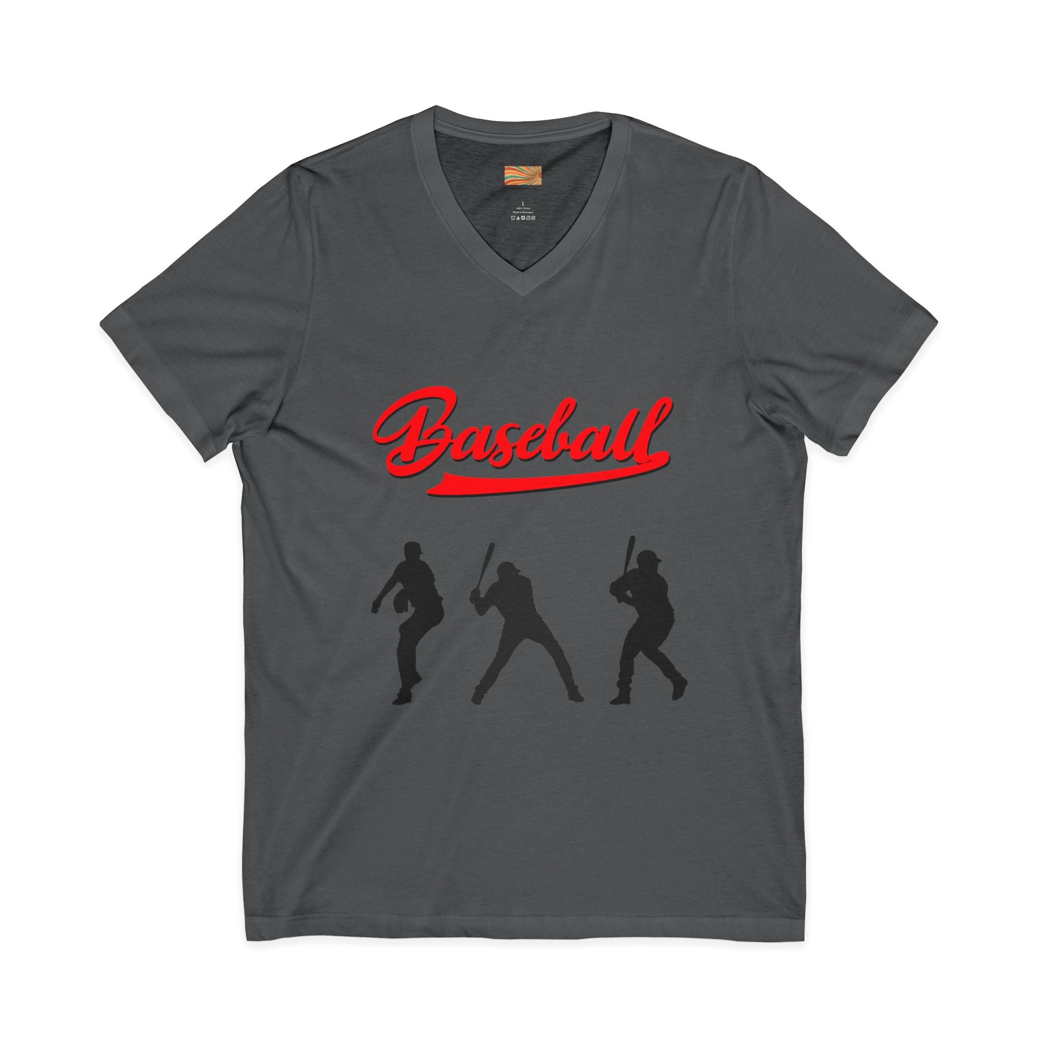 Baseball Silhouette V-Neck Tee — Vintage Script Baseball Players Shirt