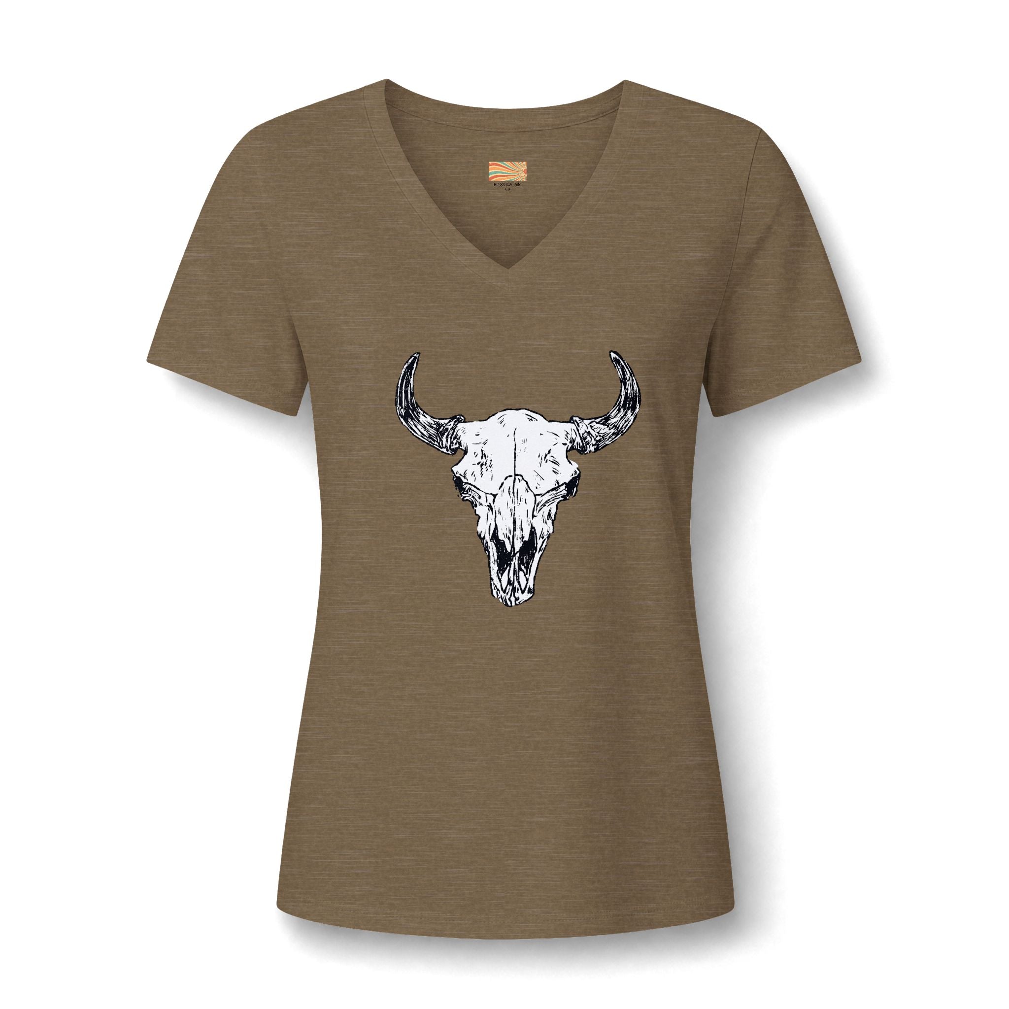 Women's V‑Neck Skull Tee — Western Cow Skull Graphic