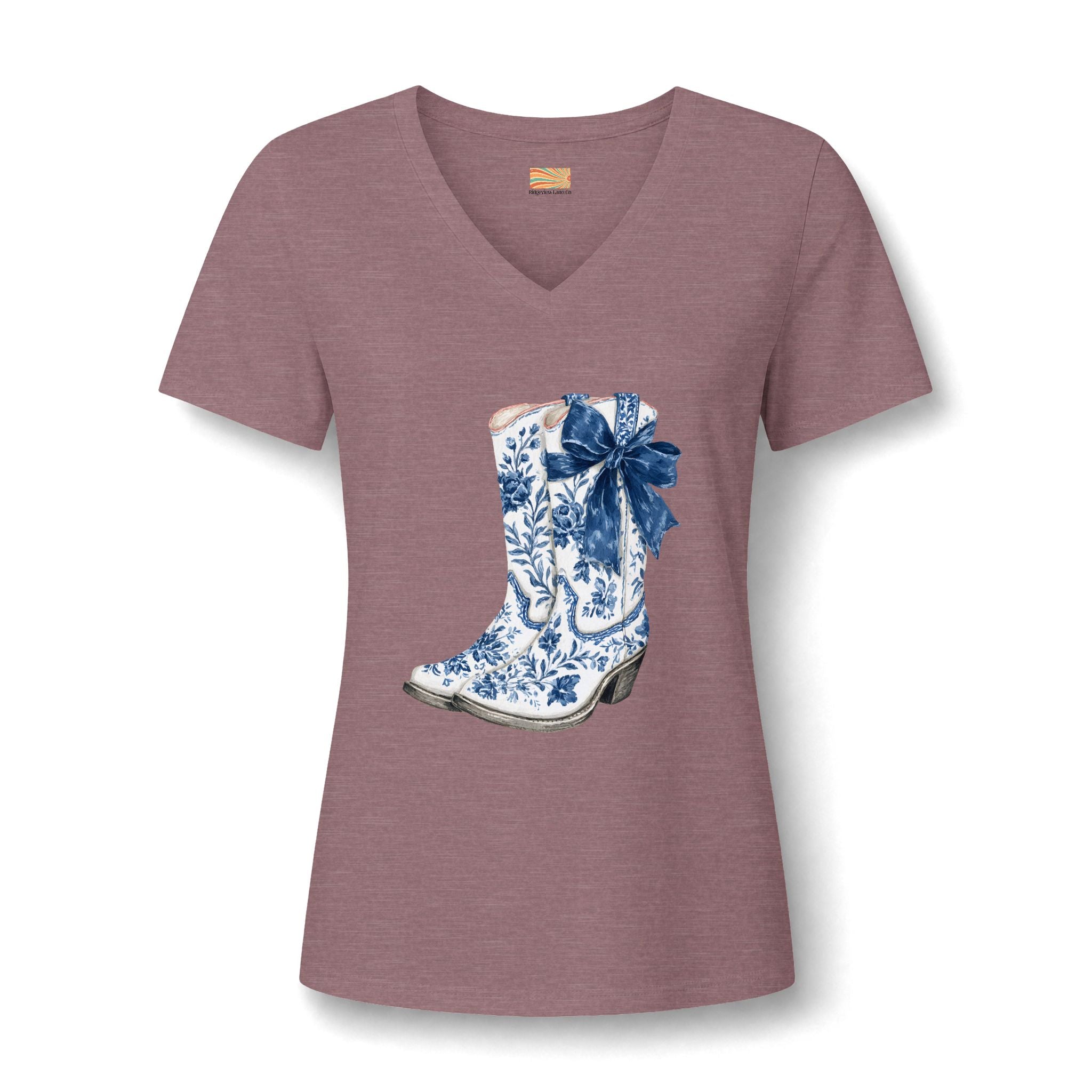Cowgirl Boot Tee — Blue Floral Cowboy Boot with Bow V-Neck