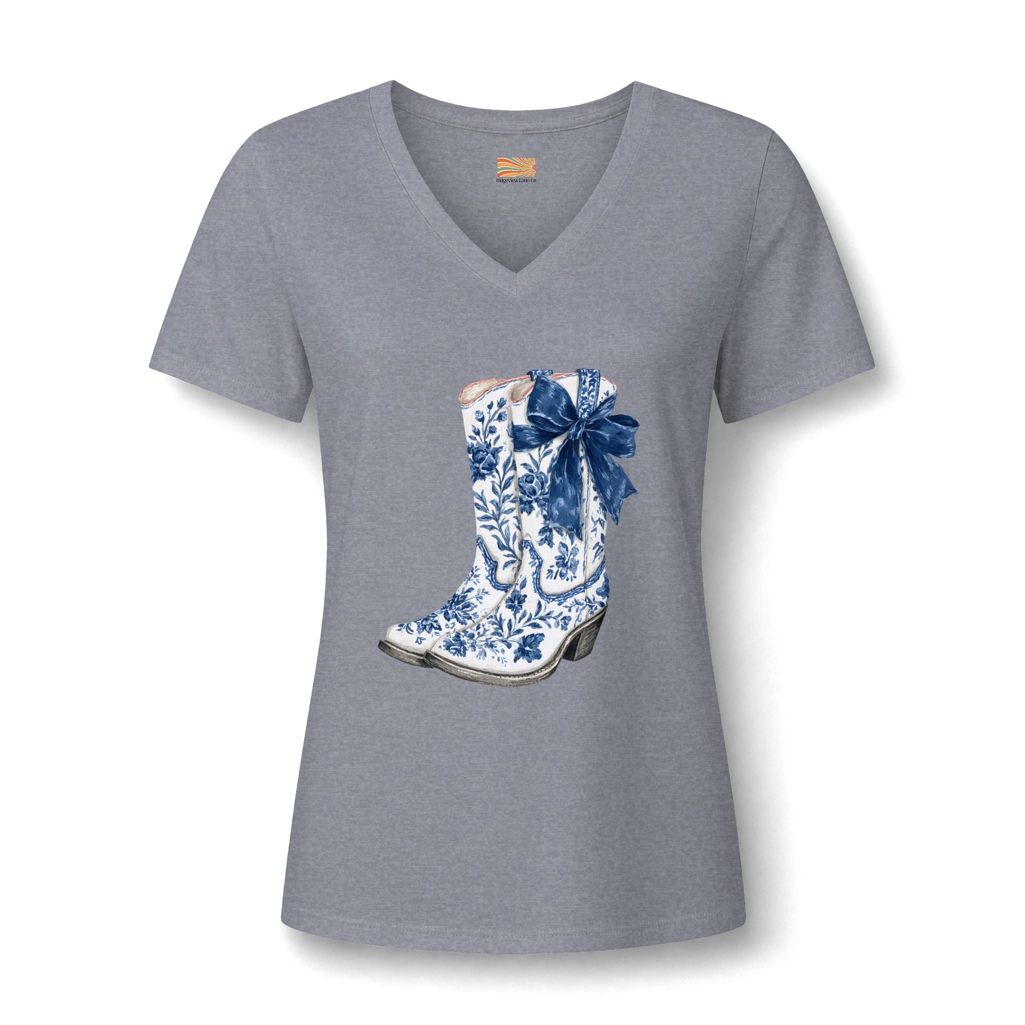 Cowgirl Boot Tee — Blue Floral Cowboy Boot with Bow V-Neck