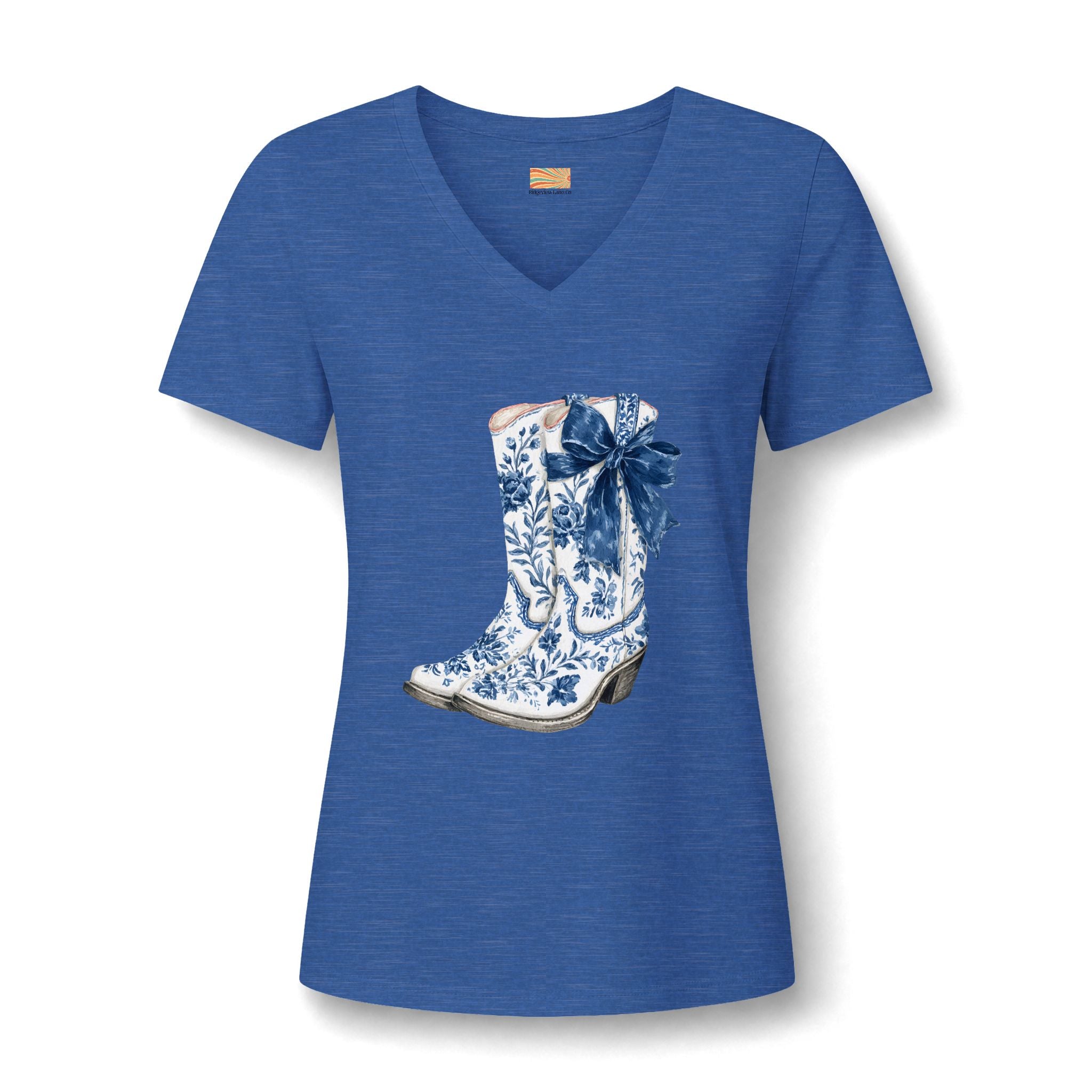 Cowgirl Boot Tee — Blue Floral Cowboy Boot with Bow V-Neck