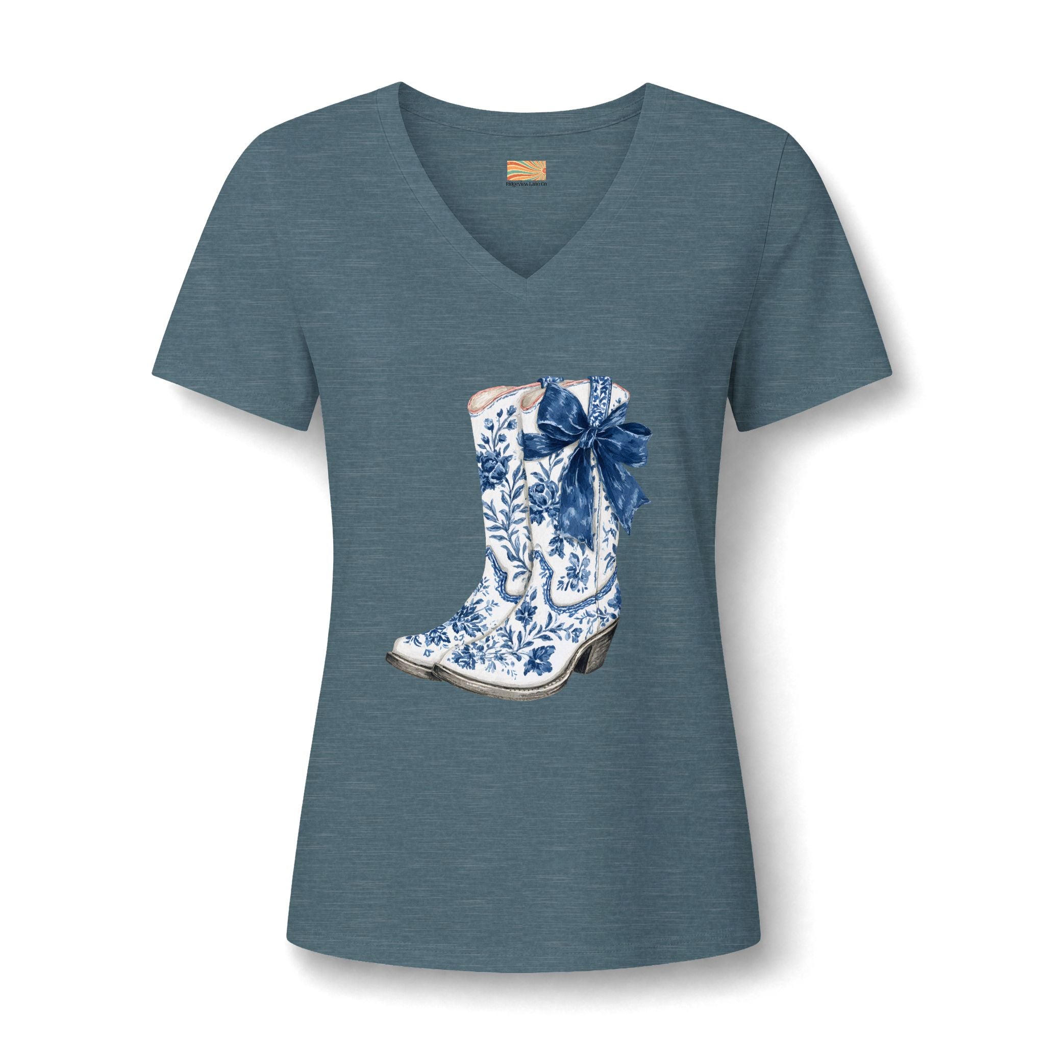 Cowgirl Boot Tee — Blue Floral Cowboy Boot with Bow V-Neck