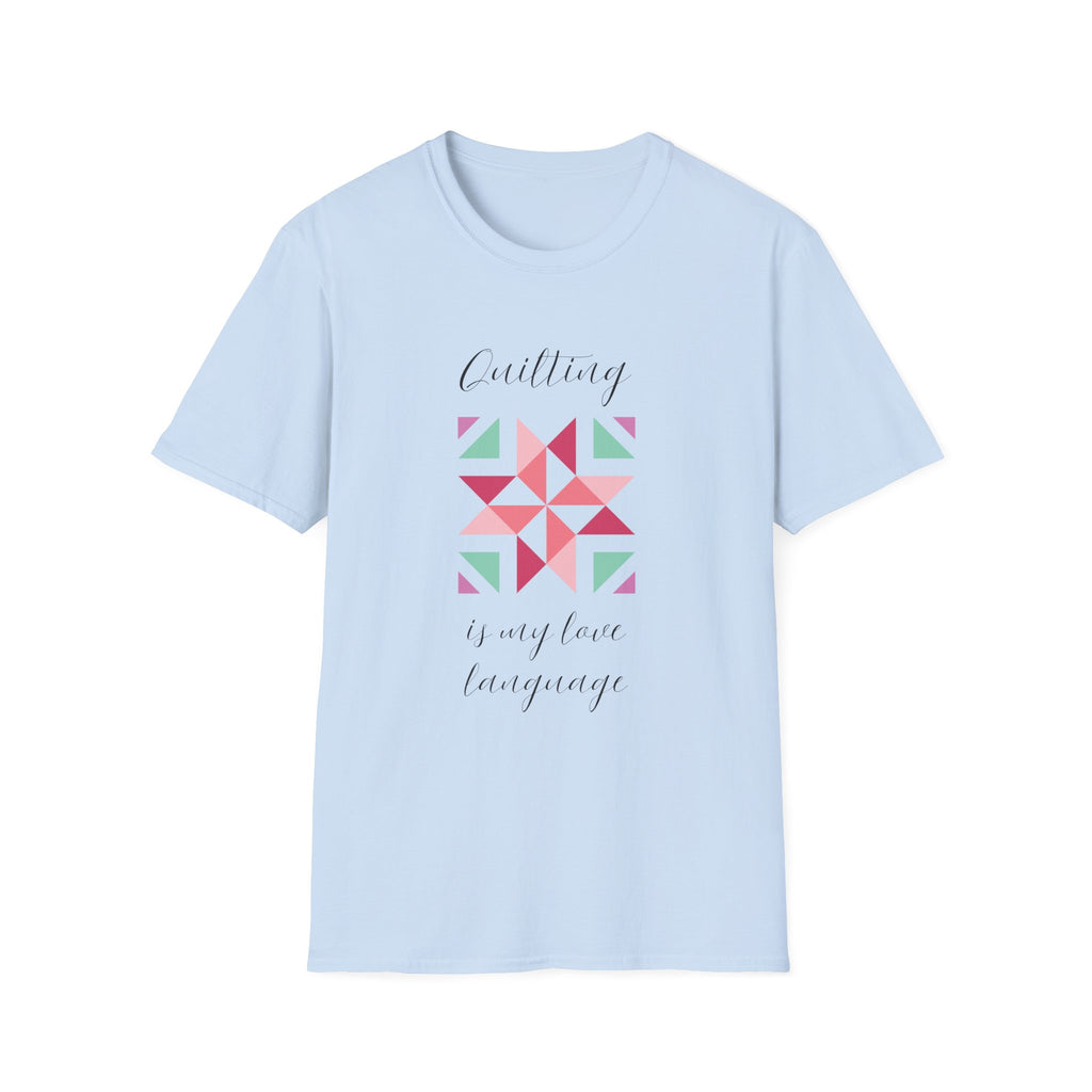 Quilting Is My Love Language T-Shirt — Pastel Quilt Block Graphic