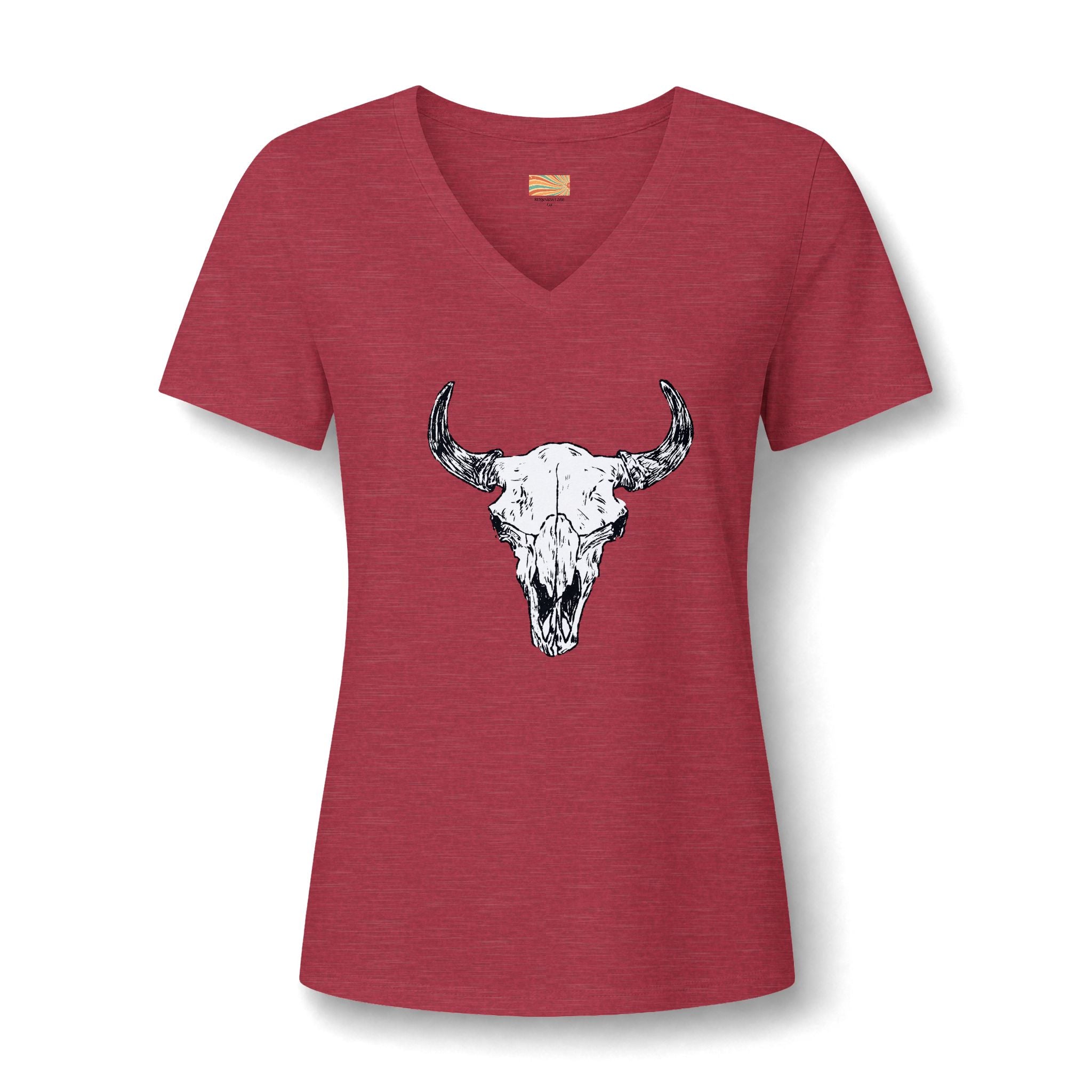 Women's V‑Neck Skull Tee — Western Cow Skull Graphic