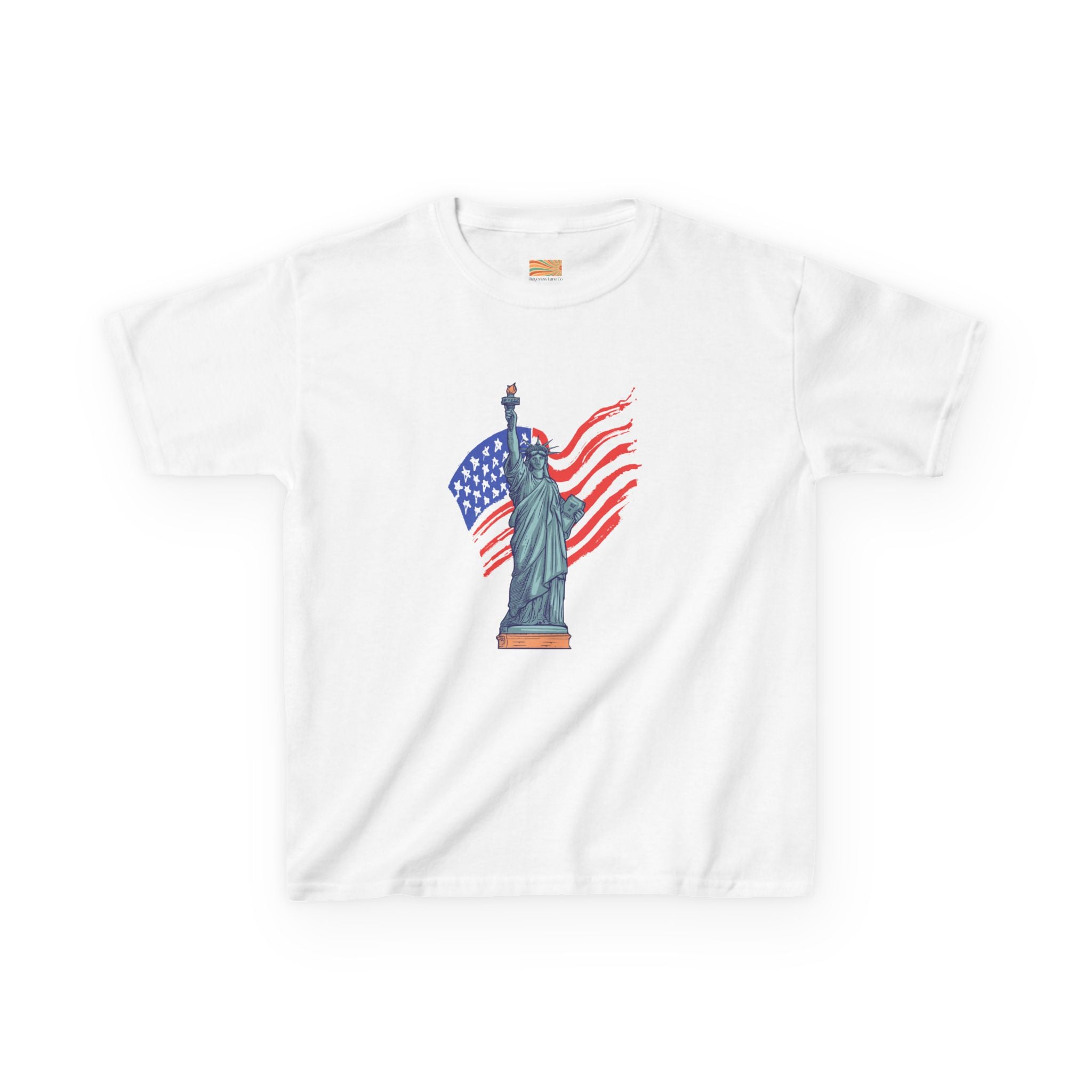 Kids Tee — Statue of Liberty with American Flag, Patriotic 4th of July Shirt