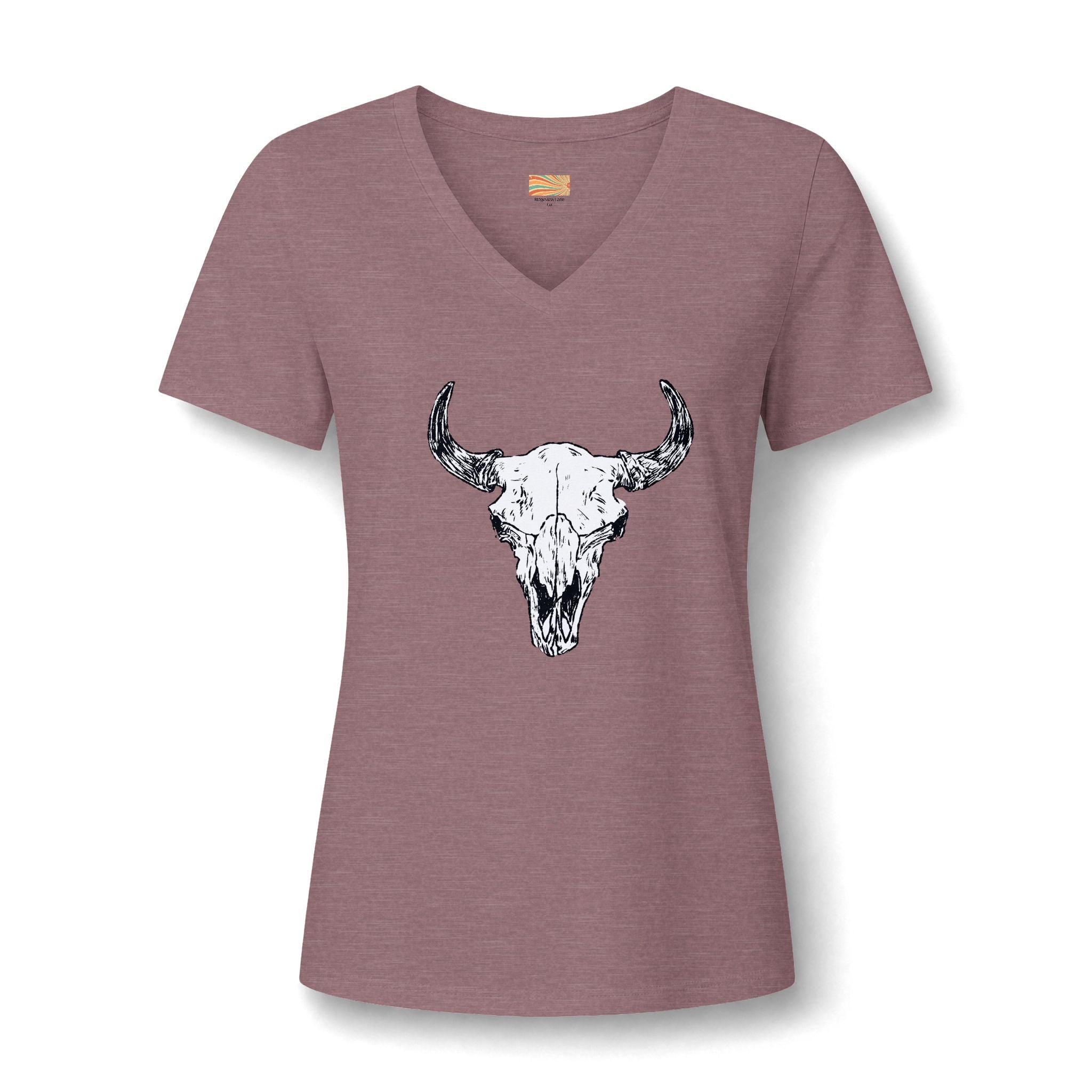 Women's V‑Neck Skull Tee — Western Cow Skull Graphic