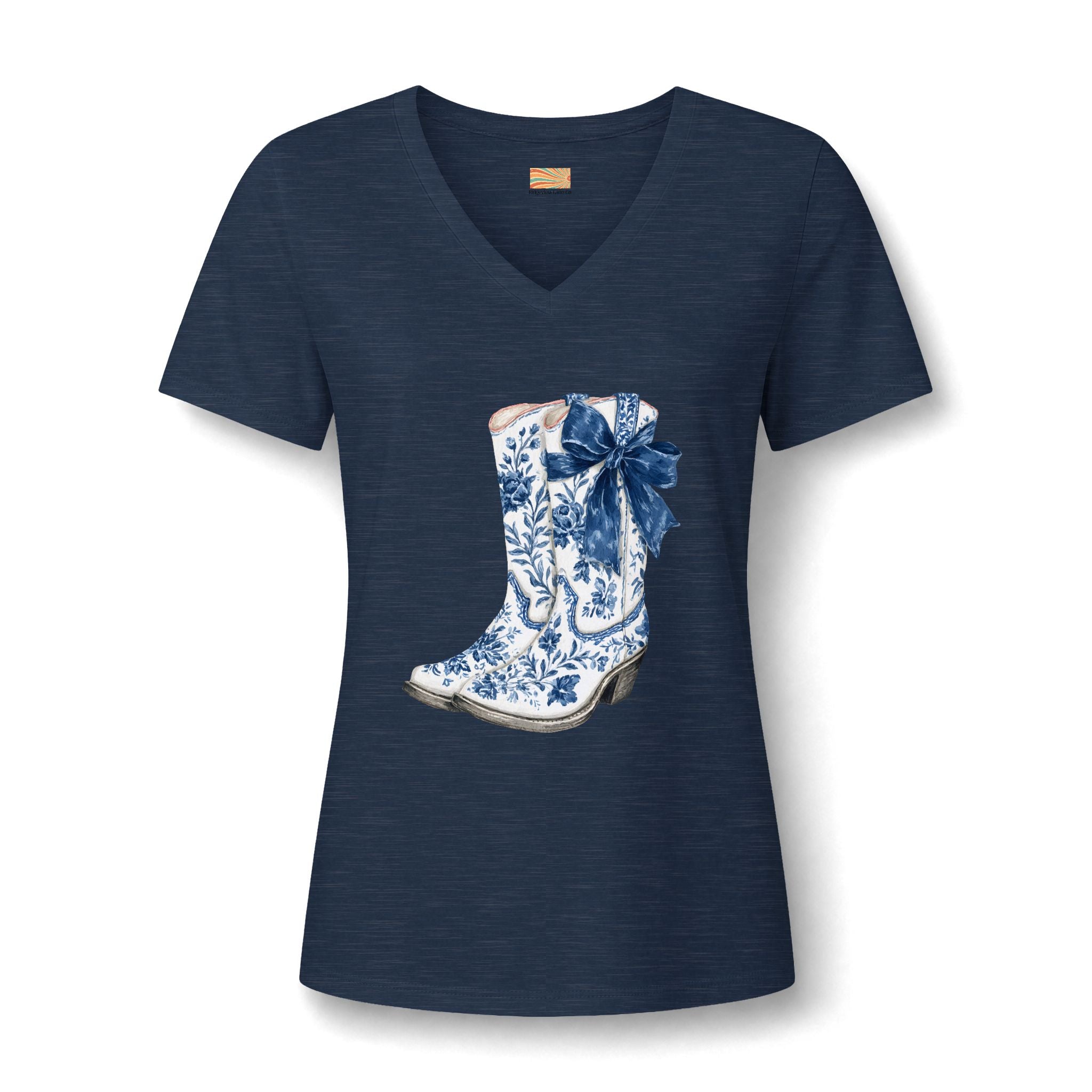 Cowgirl Boot Tee — Blue Floral Cowboy Boot with Bow V-Neck
