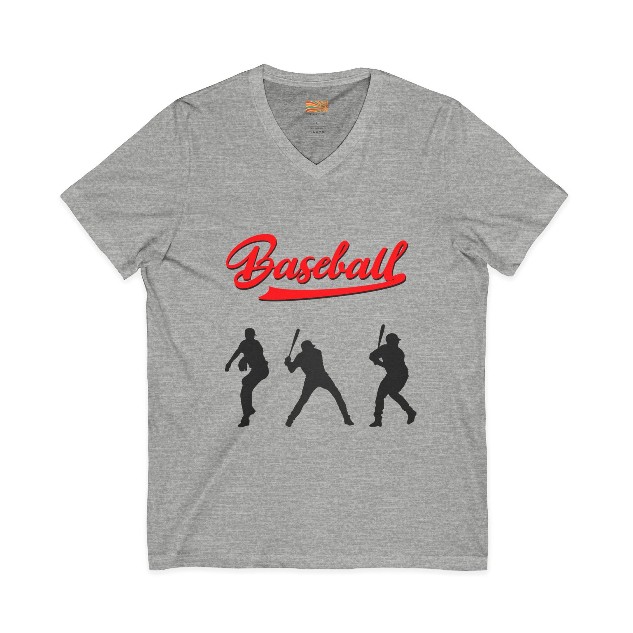Baseball Silhouette V-Neck Tee — Vintage Script Baseball Players Shirt