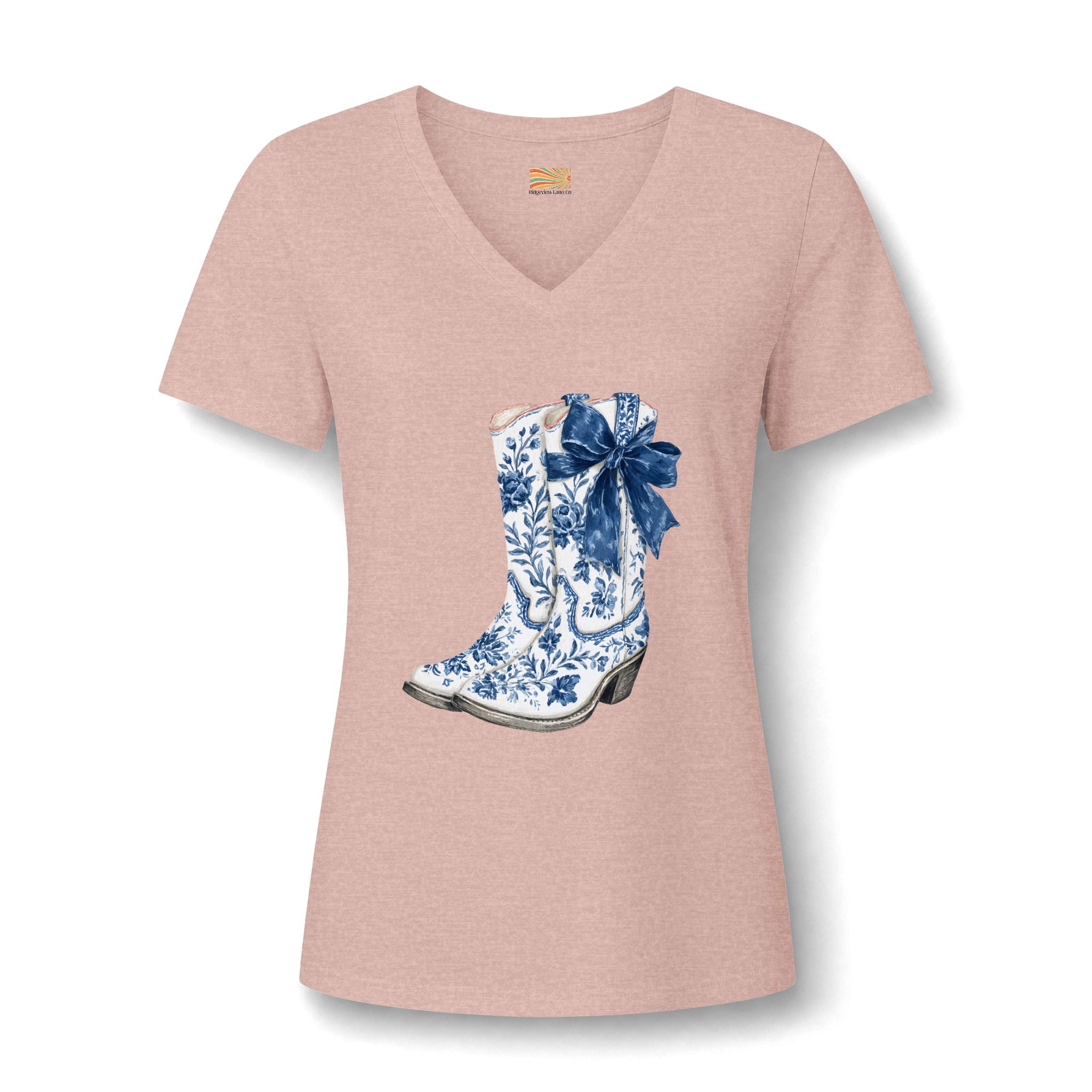 Cowgirl Boot Tee — Blue Floral Cowboy Boot with Bow V-Neck