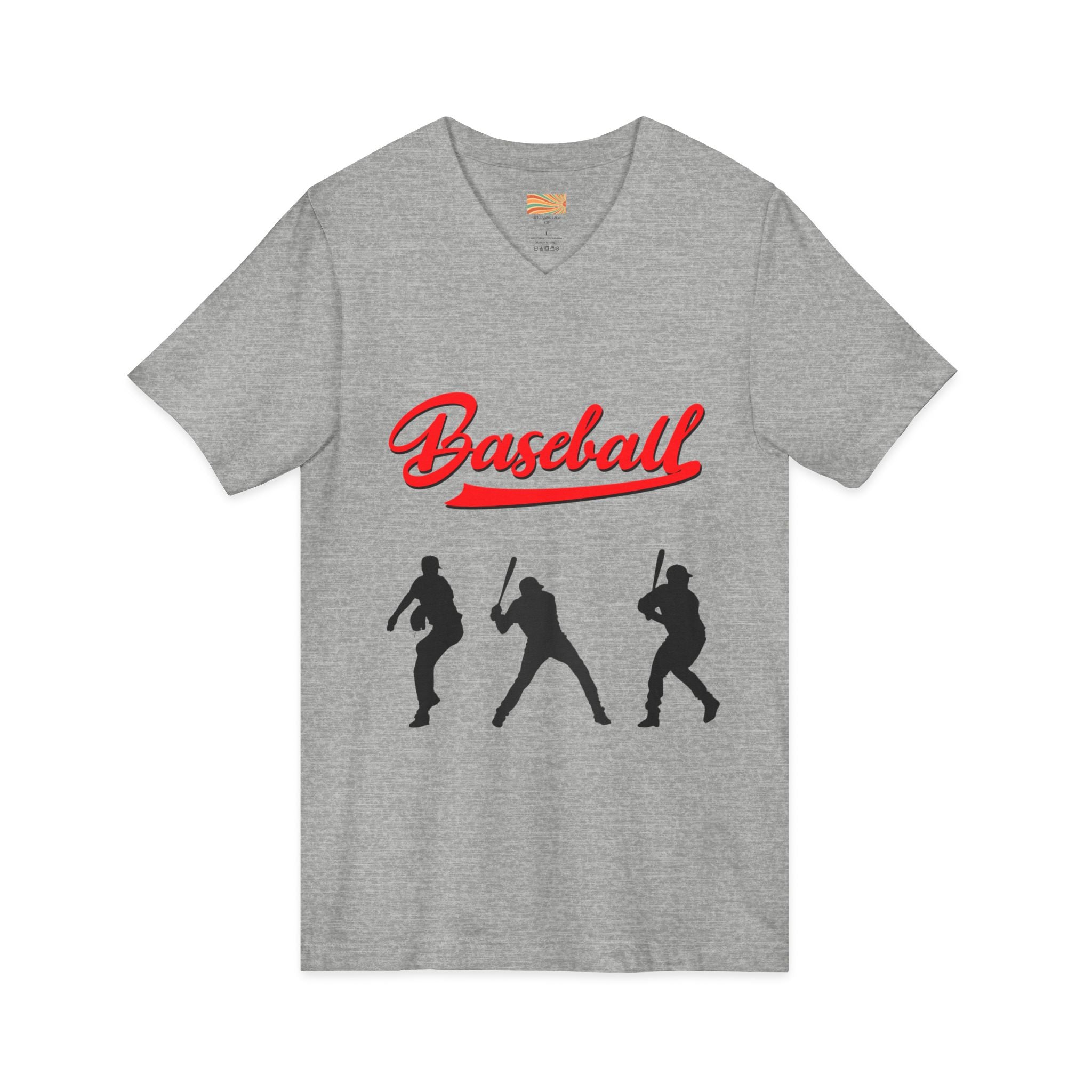 Baseball Silhouette V-Neck Tee — Vintage Script Baseball Players Shirt