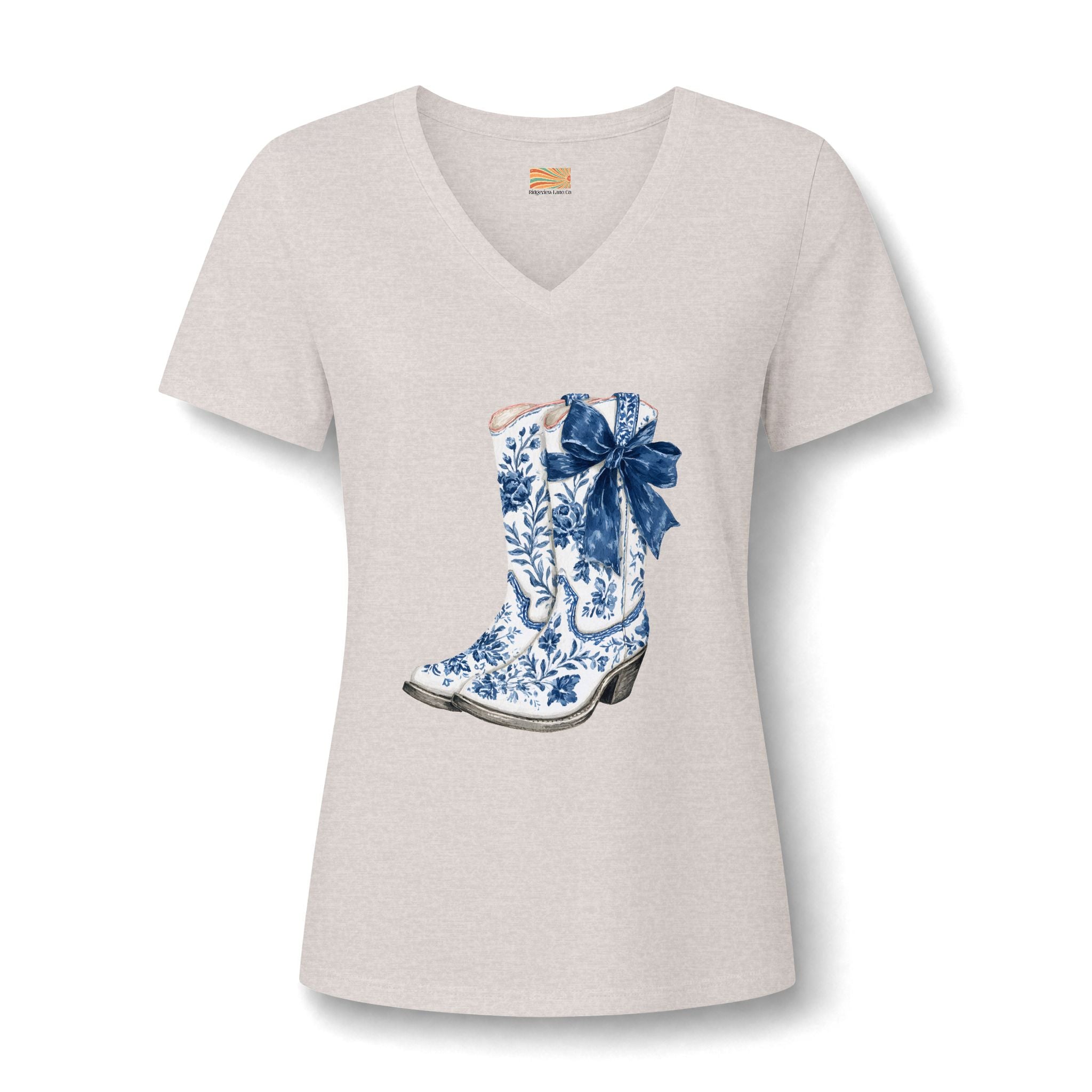 Cowgirl Boot Tee — Blue Floral Cowboy Boot with Bow V-Neck