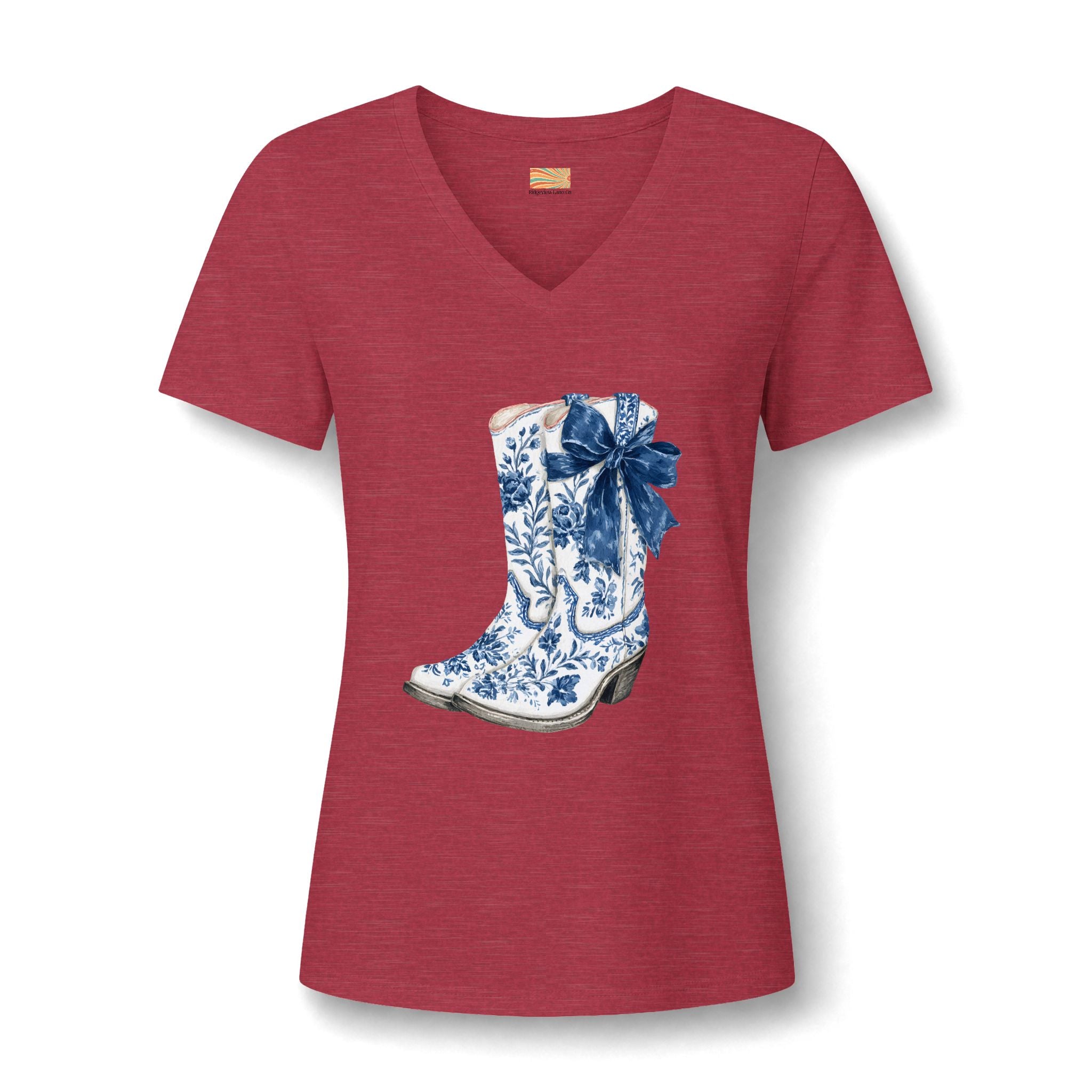 Cowgirl Boot Tee — Blue Floral Cowboy Boot with Bow V-Neck