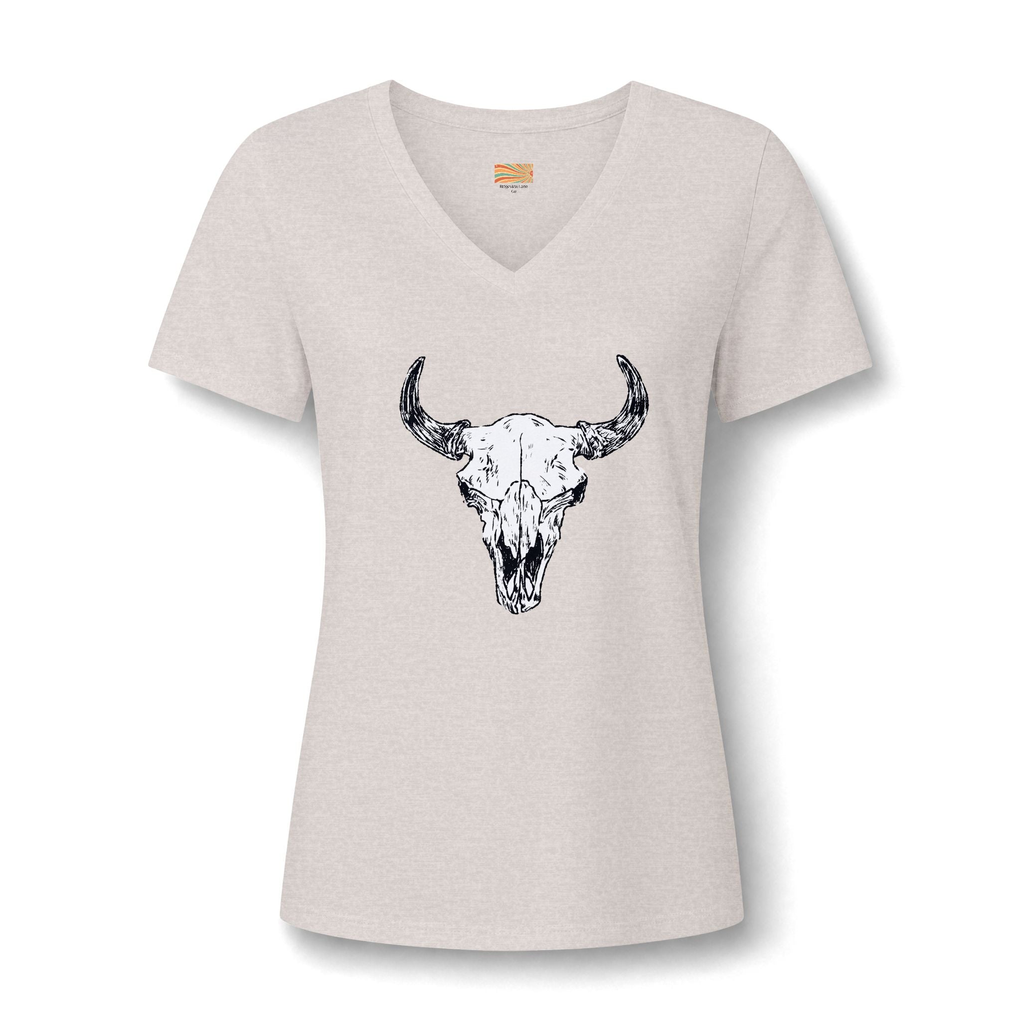 Women's V‑Neck Skull Tee — Western Cow Skull Graphic
