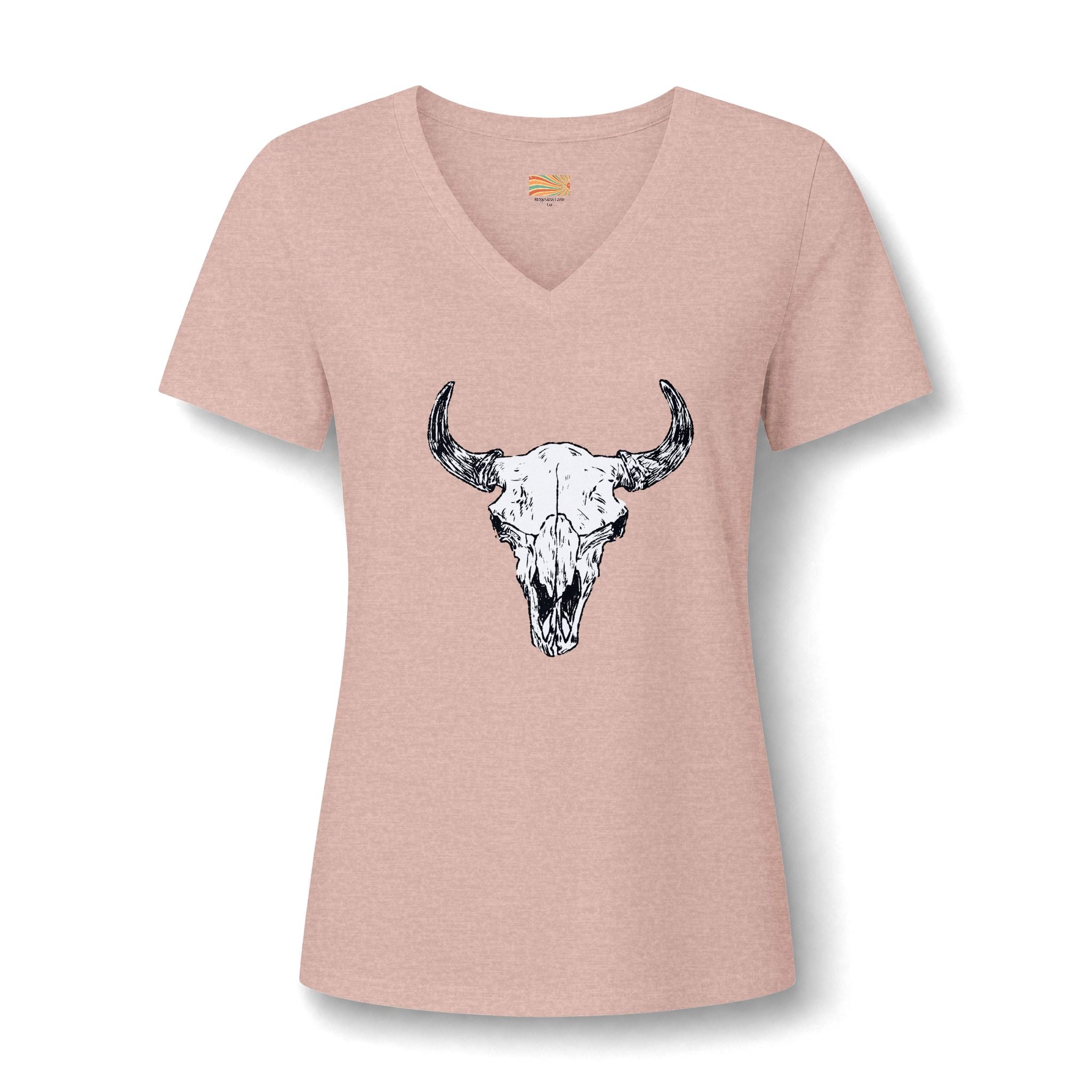 Women's V‑Neck Skull Tee — Western Cow Skull Graphic