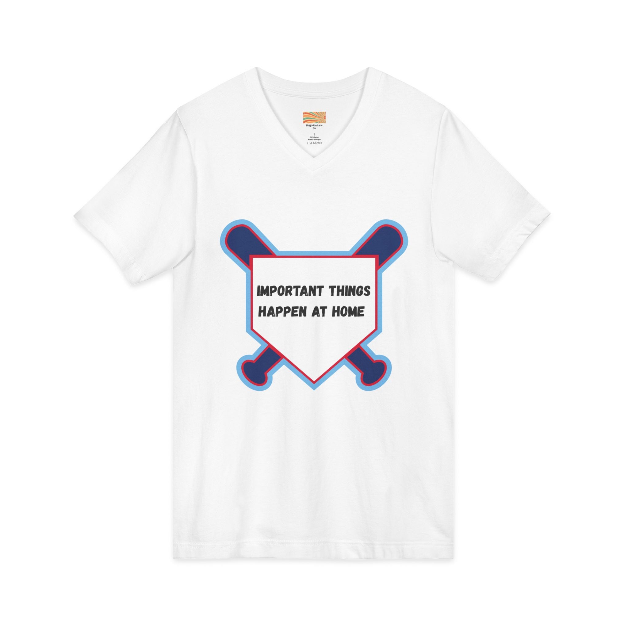 Baseball Home Plate Tee — "Important Things Happen at Home" V‑Neck