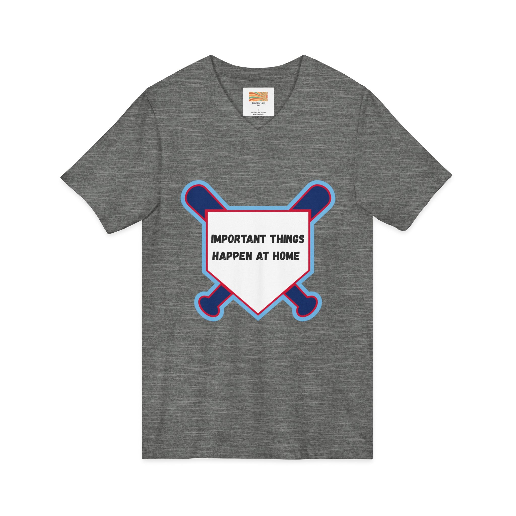 Baseball Home Plate Tee — "Important Things Happen at Home" V‑Neck