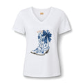 Cowgirl Boot Tee — Blue Floral Cowboy Boot with Bow V-Neck