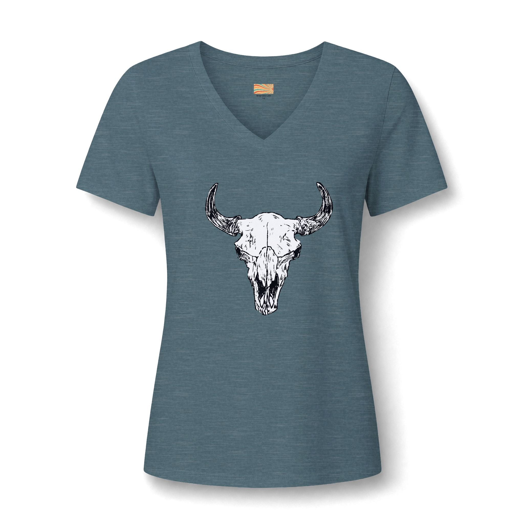 Women's V‑Neck Skull Tee — Western Cow Skull Graphic