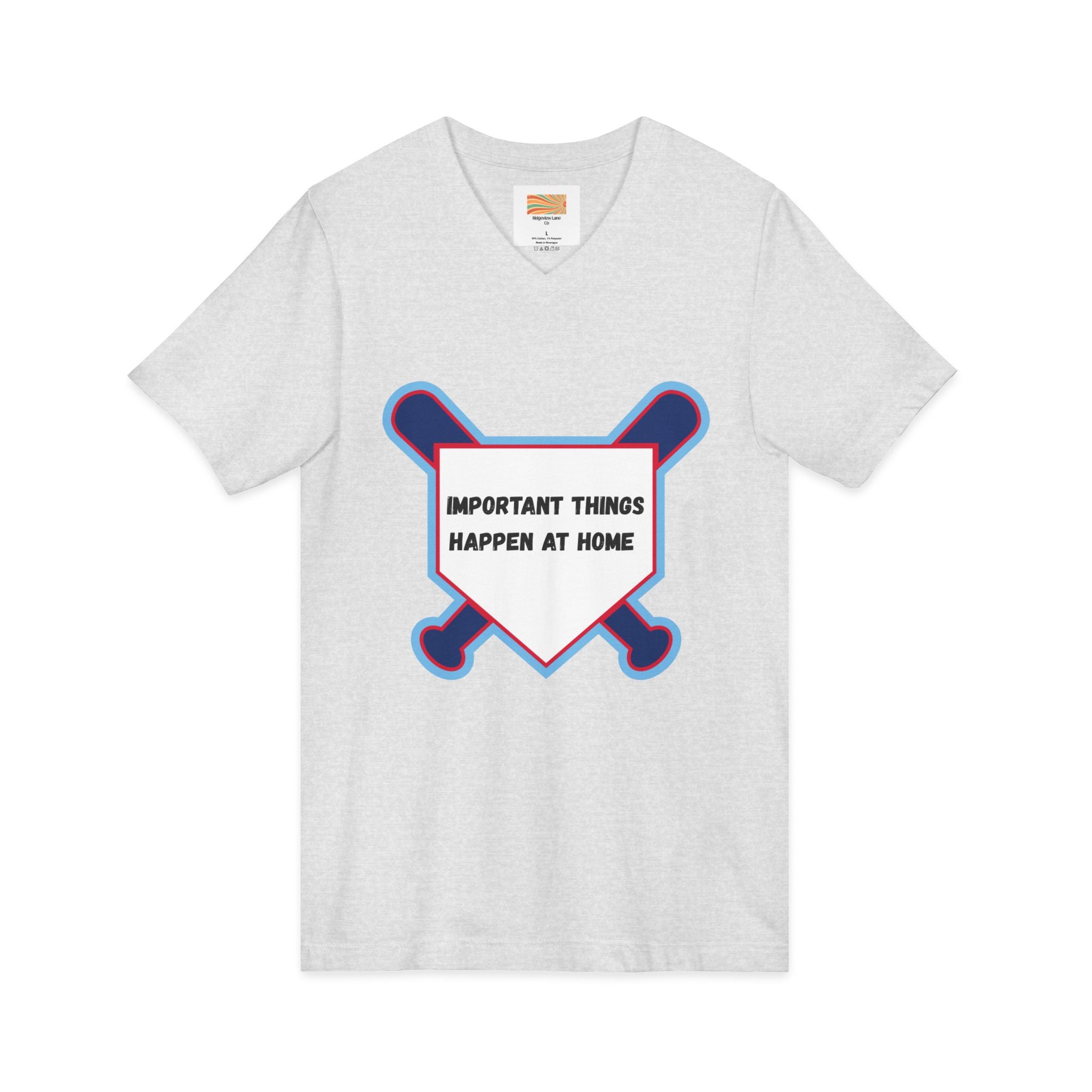Baseball Home Plate Tee — "Important Things Happen at Home" V‑Neck