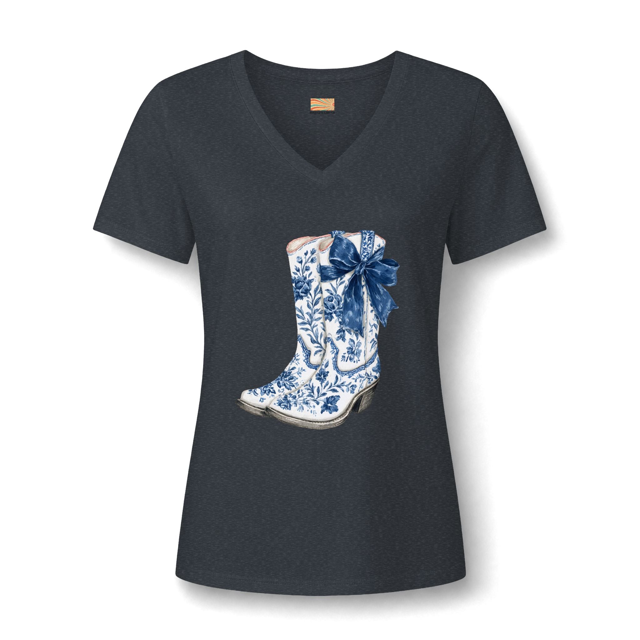 Cowgirl Boot Tee — Blue Floral Cowboy Boot with Bow V-Neck