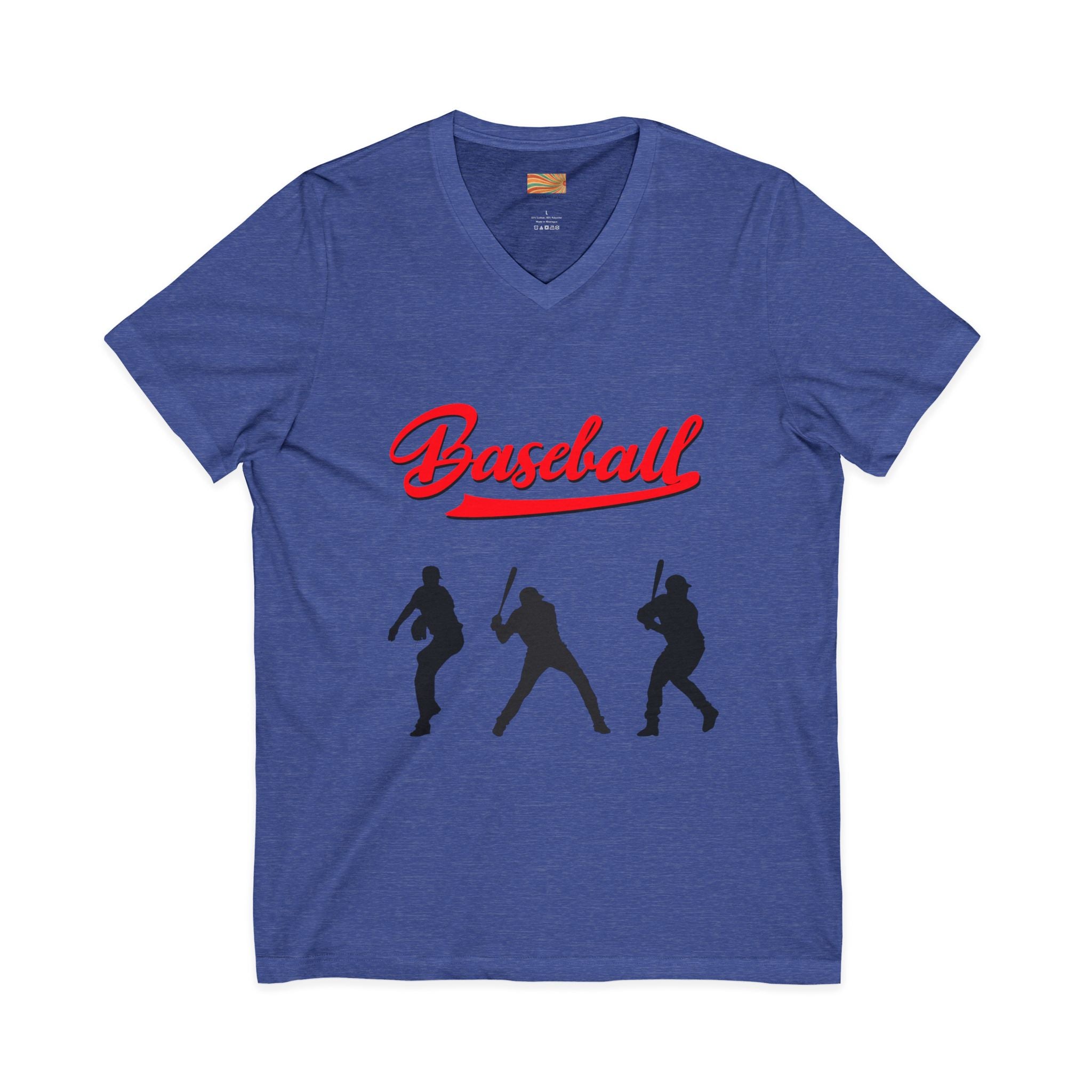 Baseball Silhouette V-Neck Tee — Vintage Script Baseball Players Shirt